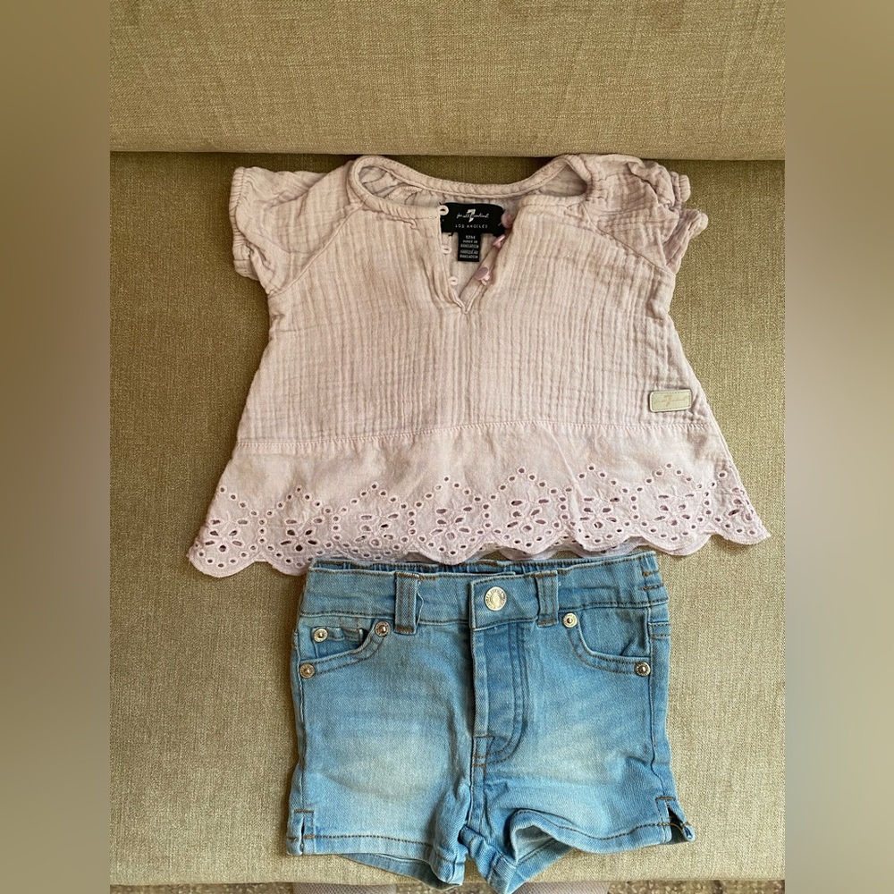 7 For All Mankind Light Pink Top and Blue Shorts Set